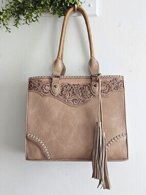 Montana West Tooled Western Tote Bag Blush Beige Braided Handle Fringe Purse